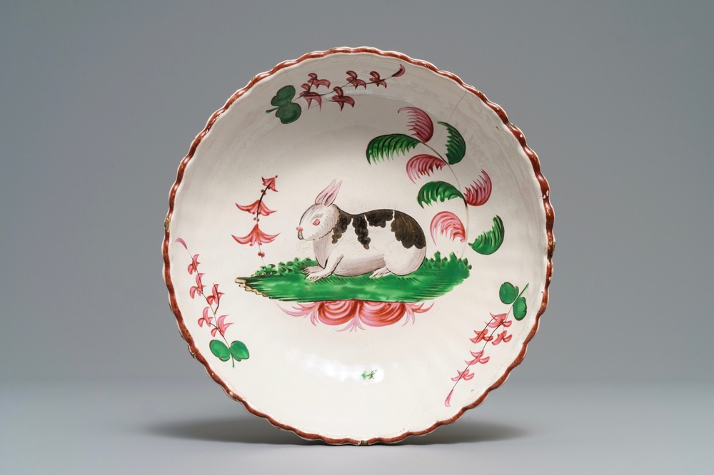 A large Strasbourg faience gadrooned 'rabbit' bowl, France, 18th C.