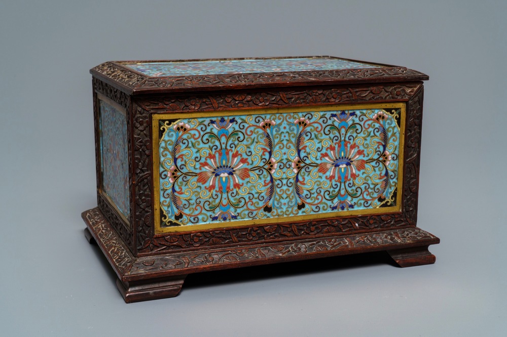 A rectangular Chinese cloisonn&eacute; and wood box, 19th C.