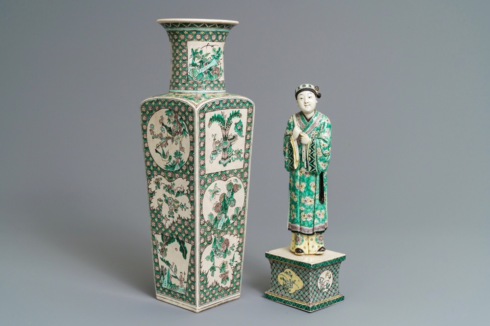 A Chinese verte biscuit figure on stand and a square vase, Kangxi and later