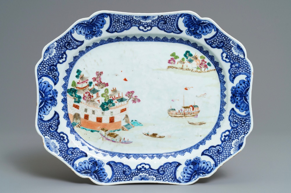 Un plat de forme octagonale en porcelaine de Chine famille rose &agrave; d&eacute;cor du 'Fort Folly', Qianlong