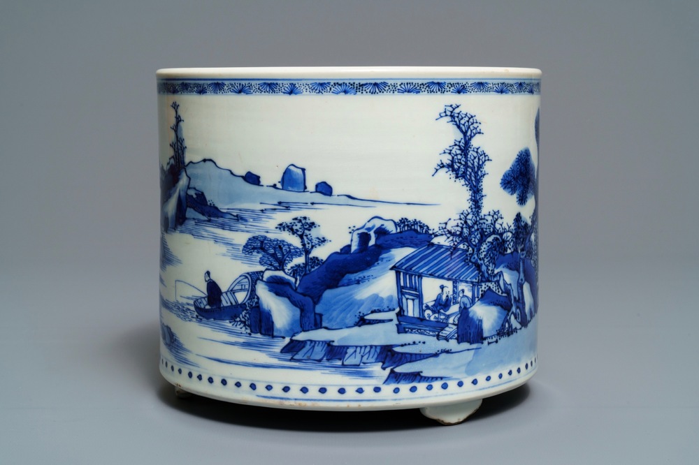 A large Chinese blue and white tripod censer with figures in a landscape, Kangxi