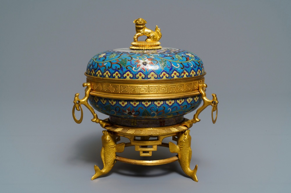 A gilt bronze mounted Chinese cloisonn&eacute; box and cover, 19th C.