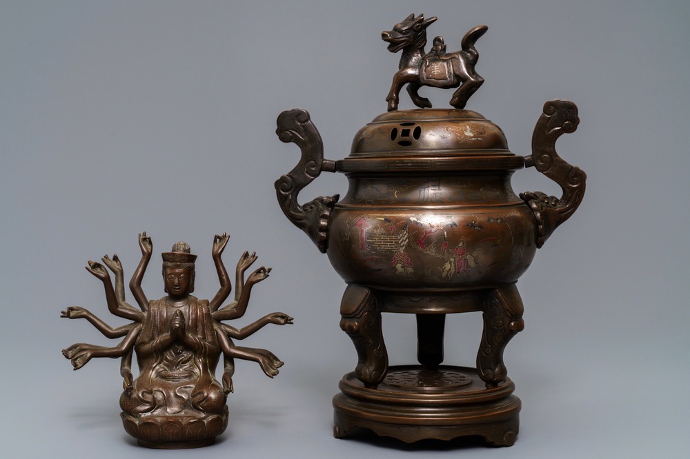 A silver-inlaid bronze incense burner and a model of Avalokiteshvara, China or Vietnam, 19/20th C.