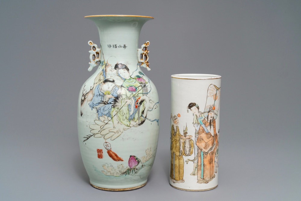 A Chinese qianjiang cai vase and a round hat stand, 19/20th C.