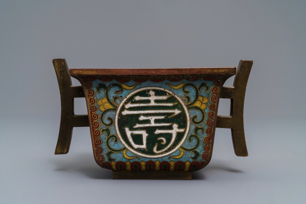 A square two-handled Chinese cloisonn&eacute; censer, Qianlong mark and of the period