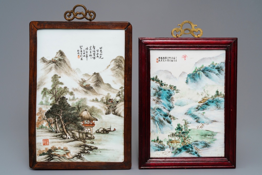 Twee Chinese qianjiang cai landschapsplaquettes, gesign. Wang Yun Shan en Wang Shu, gedat. 1932 en 1937