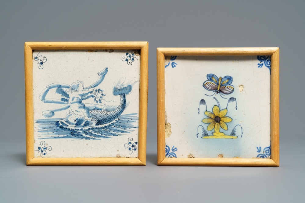 Two polychrome and blue and white Dutch Delft tiles, 17th C.