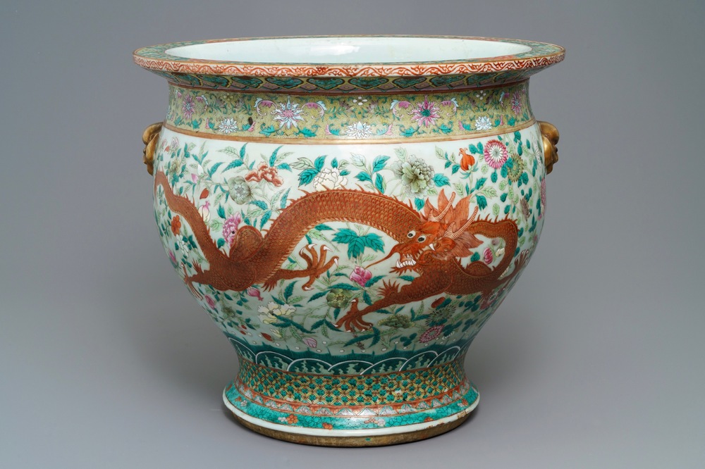 A large Chinese famille rose 'dragon' fish bowl, Jiaqing