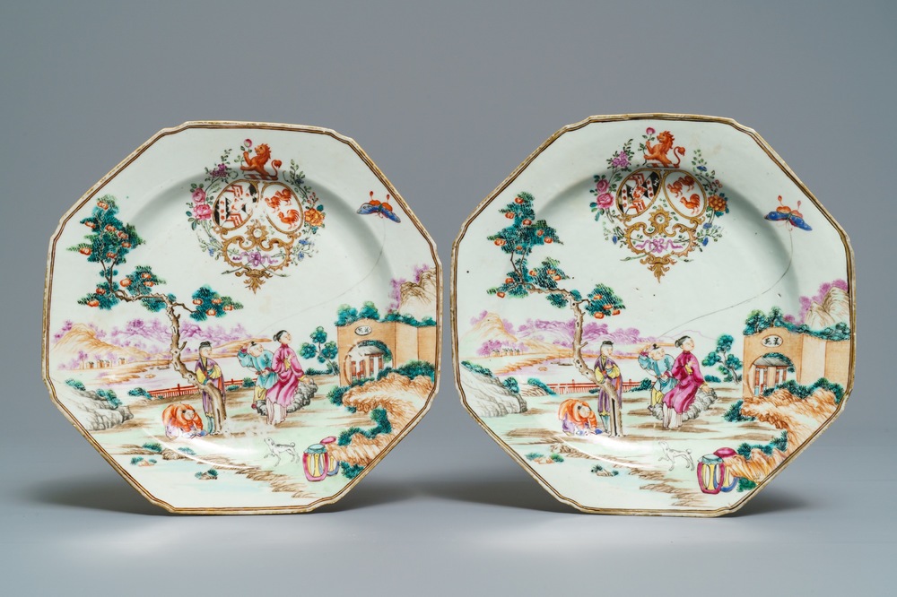 A pair of octagonal Chinese famille rose English market armorial plates, Qianlong