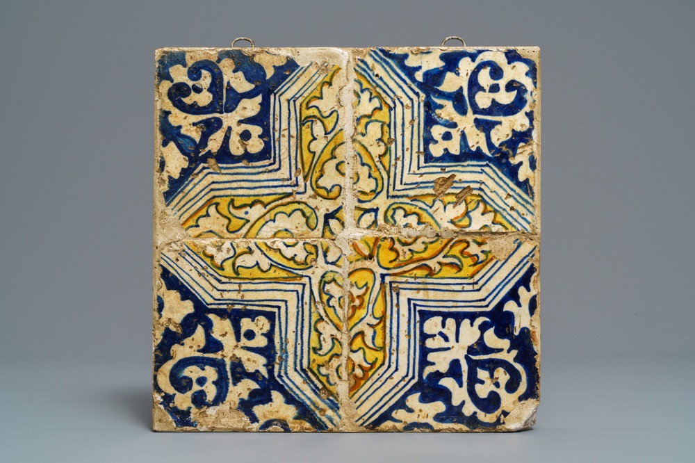 A field of four polychrome Antwerp maiolica tiles, 2nd half 16th C.