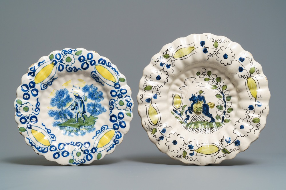 Two polychrome Dutch Delft gadrooned dishes, late 17th C.