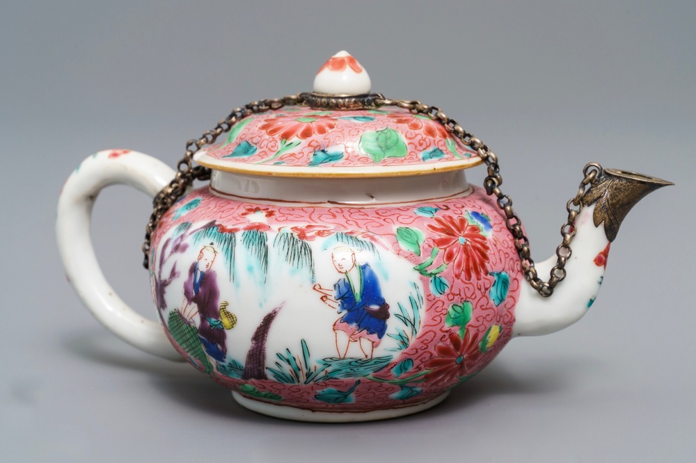 A Chinese famille rose silver-mounted teapot and cover, Yongzheng