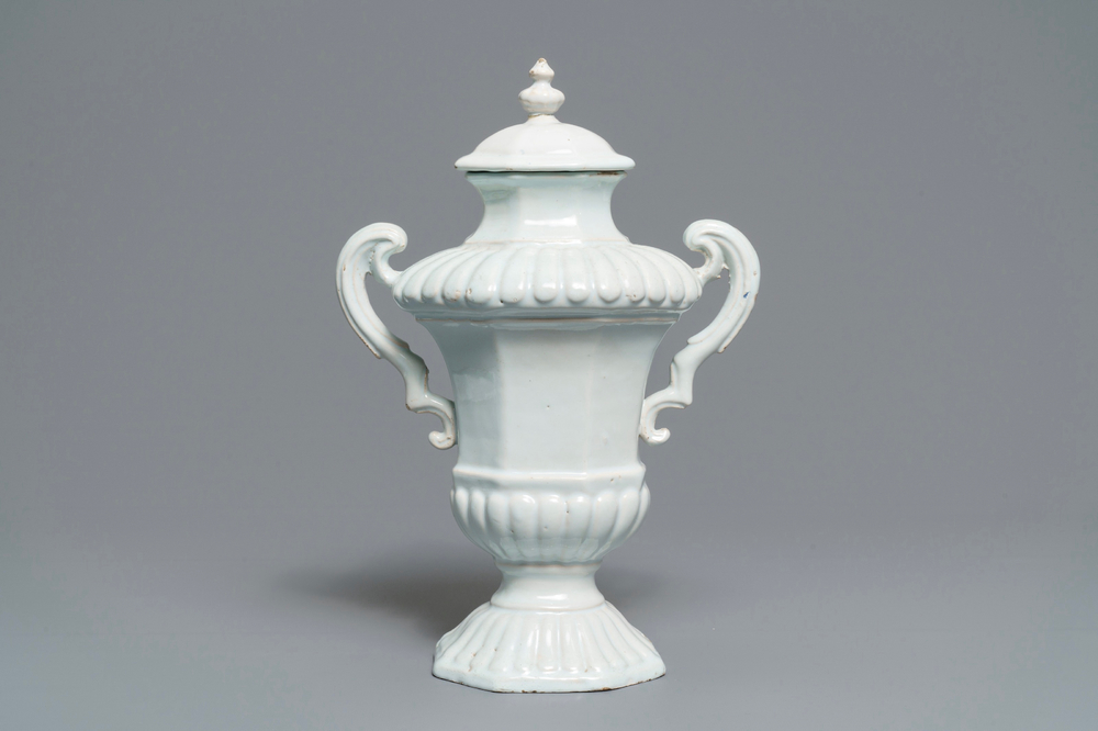 A white Dutch Delft two-handled urn and cover, late 17th C.