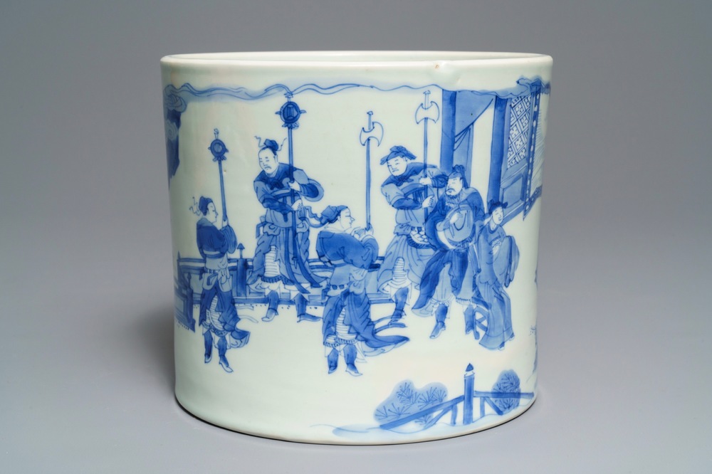 A large Chinese blue and white brush pot, bitong, Transitional period