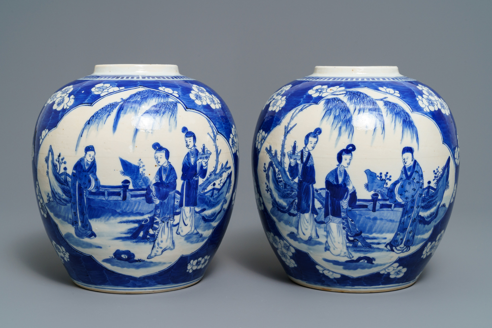 A pair of Chinese blue and white ginger jars, Kangxi mark, 19th C.