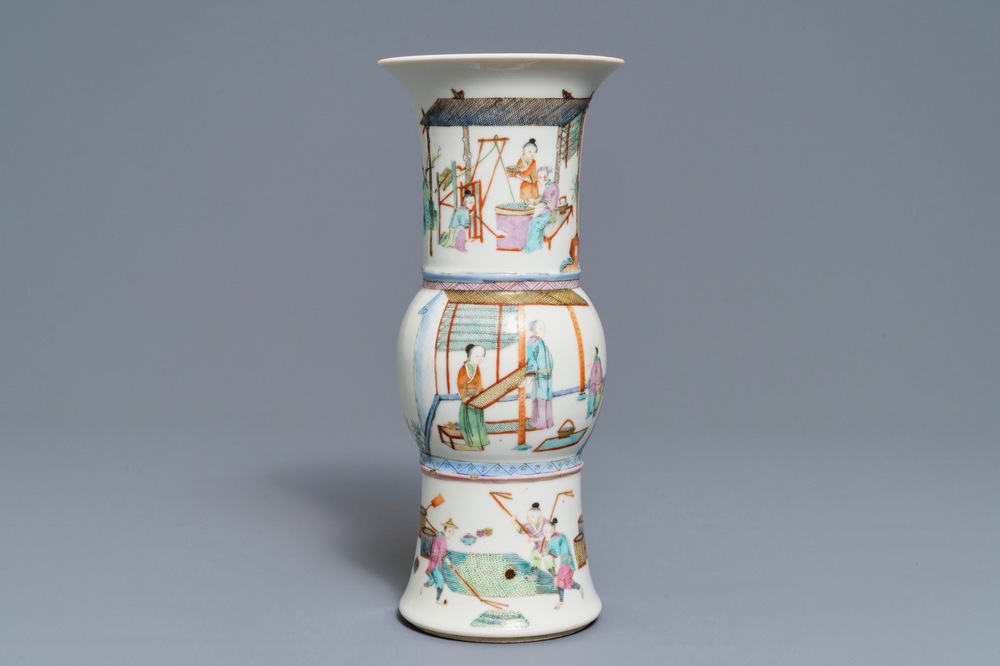 Un vase en porcelaine de Chine famille rose &agrave; d&eacute;cor de la production de bl&eacute;, marque de Kangxi, 19&egrave;me