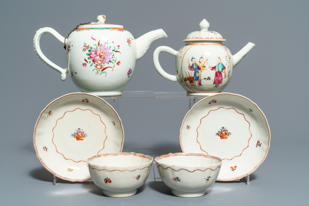 Two Chinese famille rose teapots and covers and two sets of cups and saucers, Qianlong