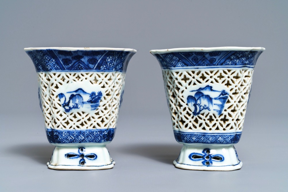 A pair of Chinese blue and white reticulated double-walled cups, Qianlong