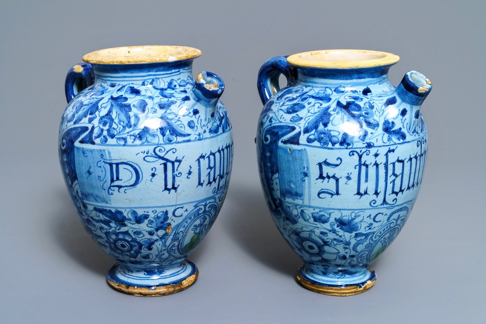 A pair of Italian maiolica berettino-ground wet drug jars, Venice or Rome, dated 1592