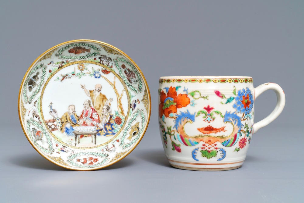 A Chinese famille rose 'Pompadour' mustard jar and a Pronk 'Doctor's visit' saucer, Qianlong