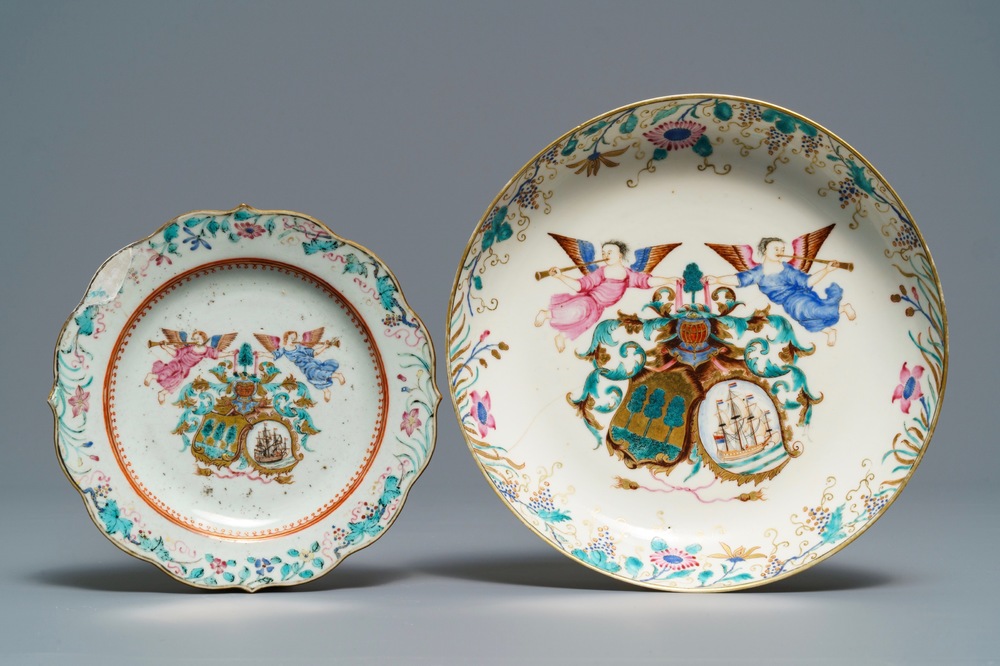 Two Chinese famille rose Dutch market armorial plates, arms of Rijzik and Schippers accol&eacute;, Qianlong