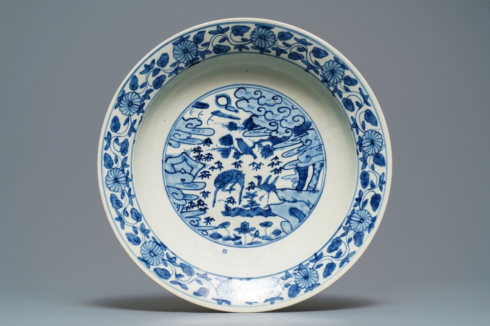 A fine and large Chinese blue and white inscribed Swatow dish, Ming