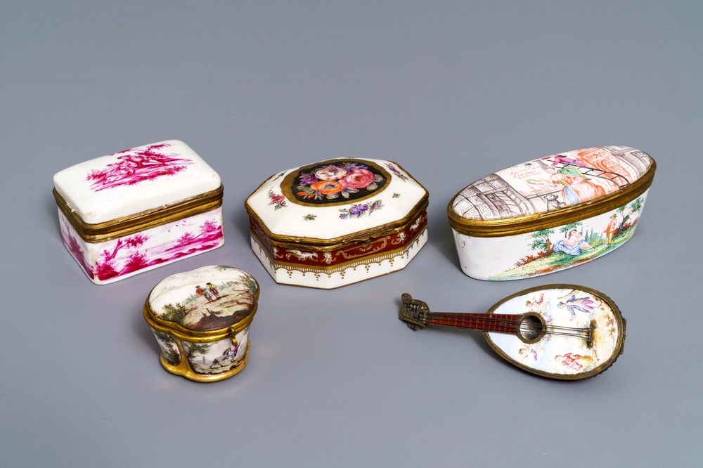 Five porcelain and enamel snuff boxes, Germany and France, 18/19th C.