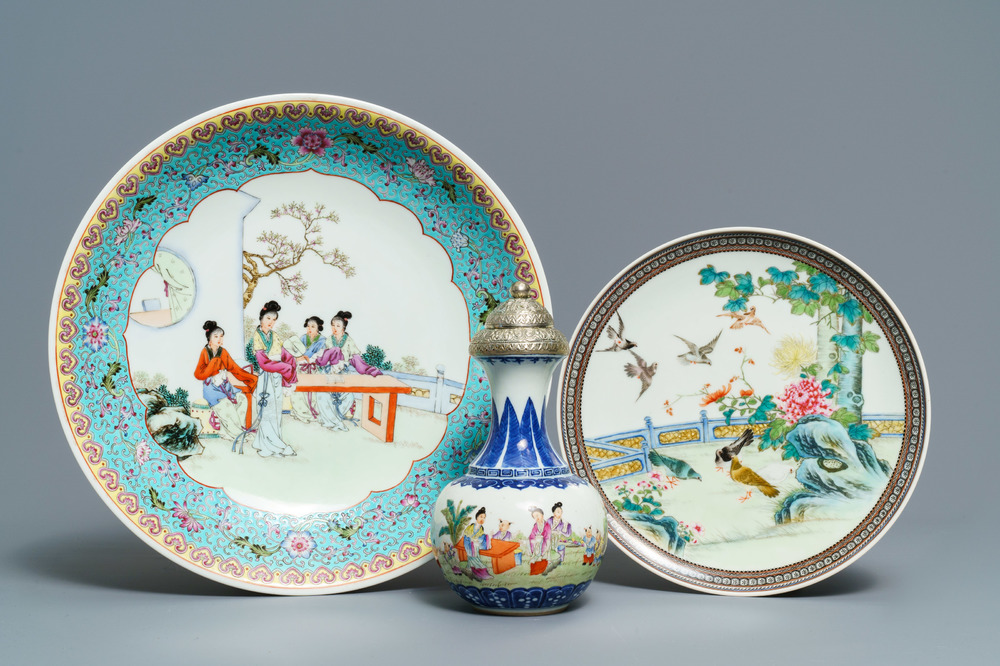 Two Chinese famille rose dishes and a silver-mounted vase, 19/20th C.