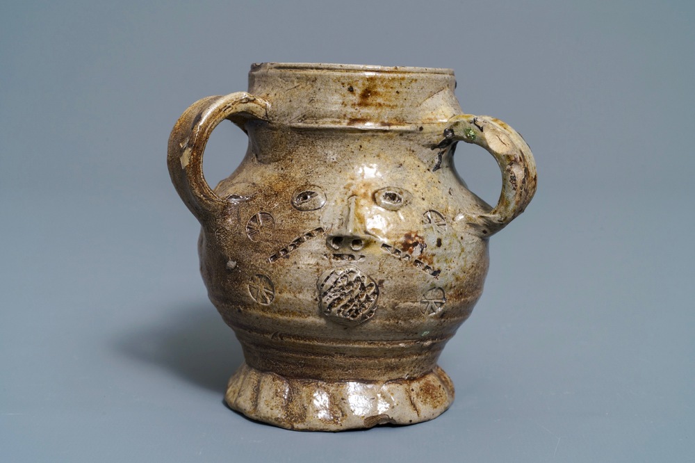 A rare German stoneware pointed nose jug, Raeren, 1st half 16th C.