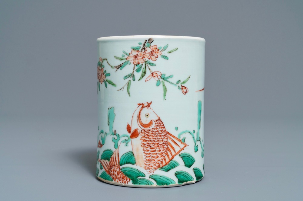 A Chinese famille verte 'carps' brush pot, Kangxi