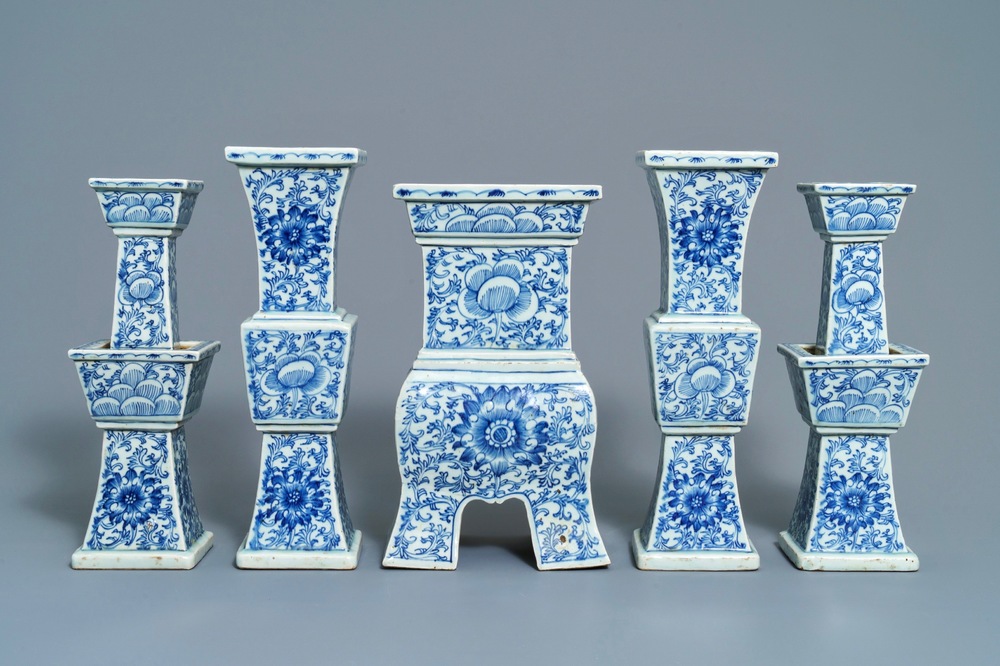 A Chinese blue and white five-piece altar garniture, 19th C.