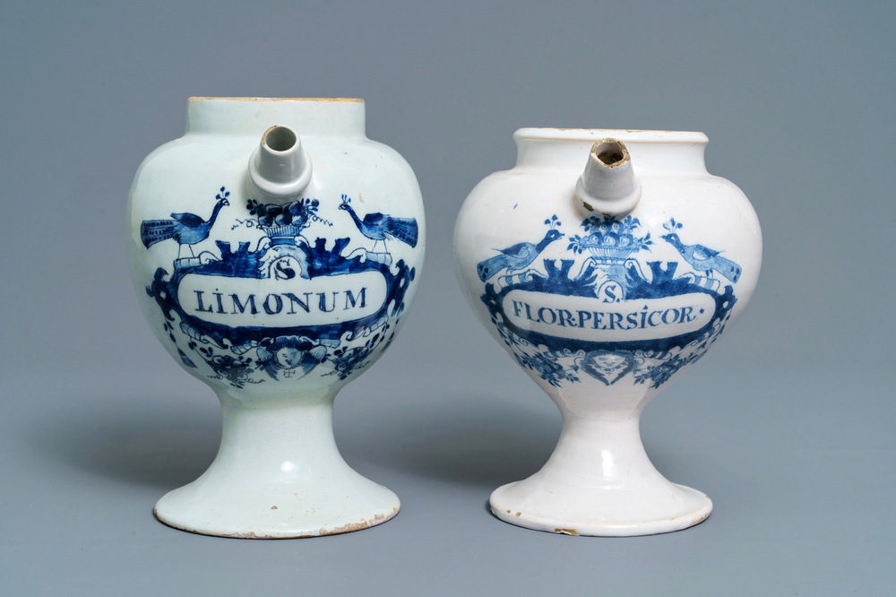 Two Dutch Delft blue and white pharmacy wet drug jars, 18th C.