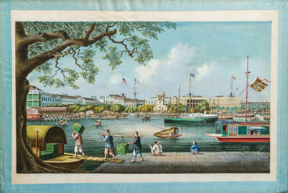 Tingqua (Canton, ca. 1809-1870), studio: Une vue sur le port de Canton, gouache sur papier de riz, vers 1855