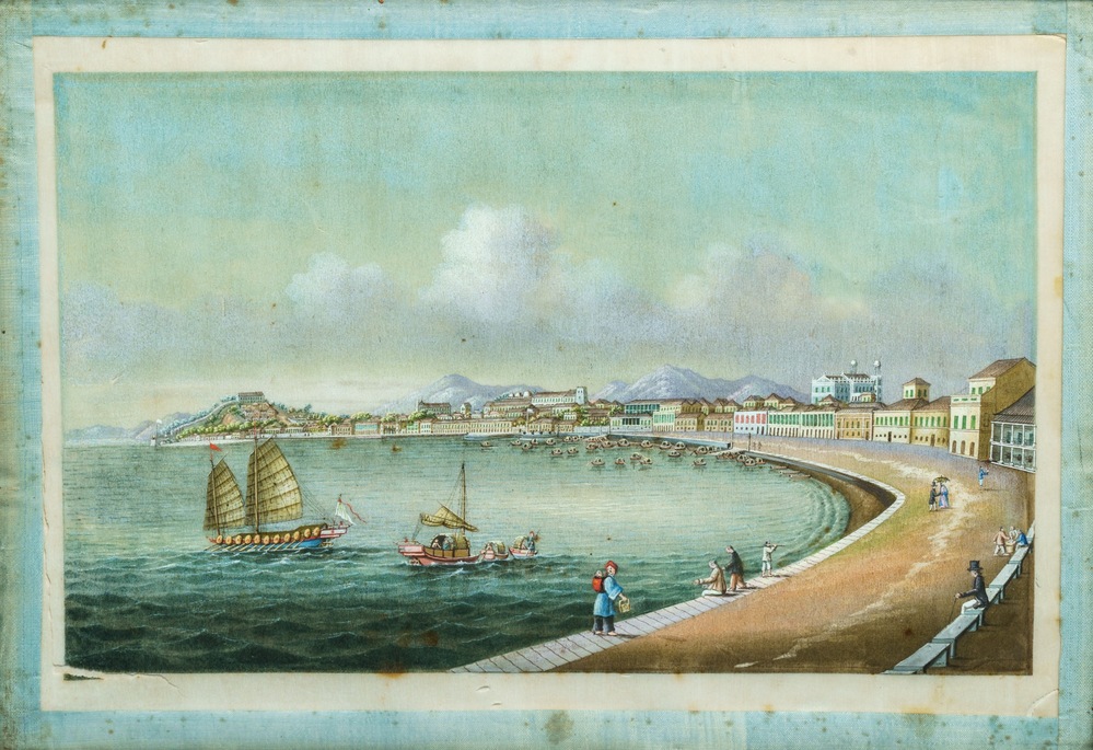 Tingqua (Canton, ca. 1809-1870), studio: Zicht op Macau, gouache op rijstpapier, ca. 1845-1855