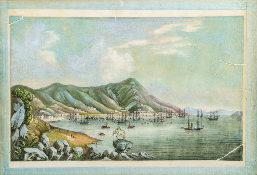 Tingqua (Canton, ca. 1809-1870), studio: Une vue sur le port de Hong Kong, gouache sur papier de riz, vers 1845-1855