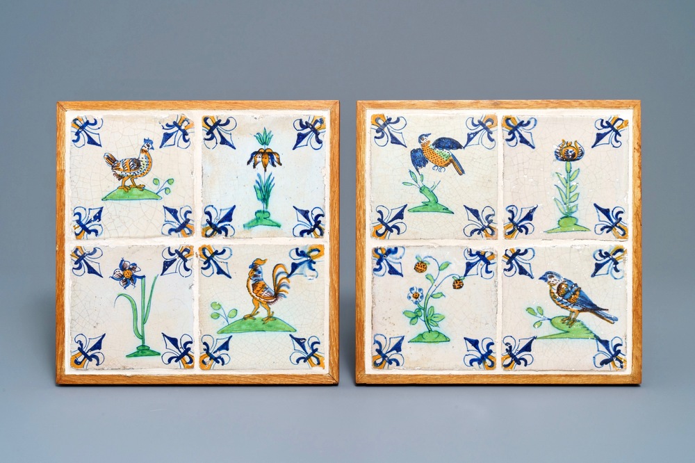 Eight polychrome Dutch Delft tiles with birds and flowers, Gouda, 17th C.