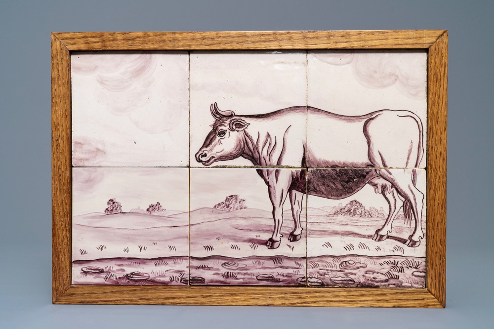 A Dutch Delft manganese tile mural with a cow, 18th C.