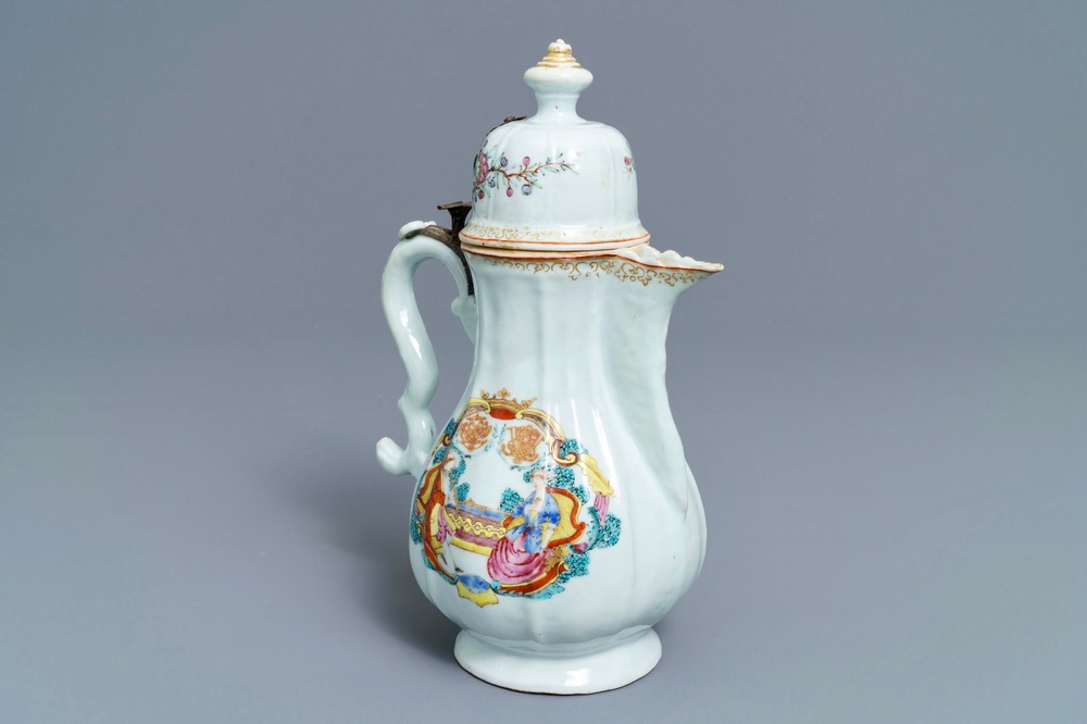 A Chinese silver-mounted famille rose coffee jug, Qianlong