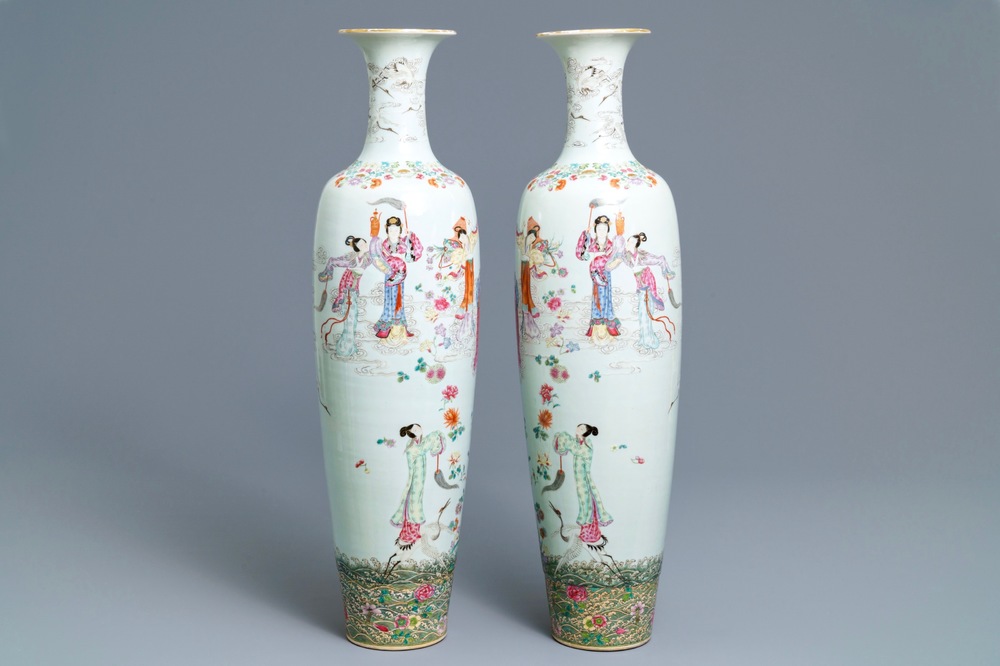 A pair of large Chinese famille rose 'immortals and cranes' vases, Republic, 20th C.