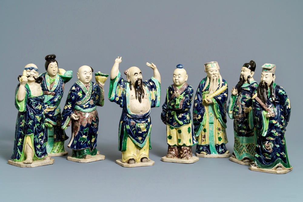 A Chinese 'Eight Immortals' set of enamelled biscuit figures, Republic, 20th C.