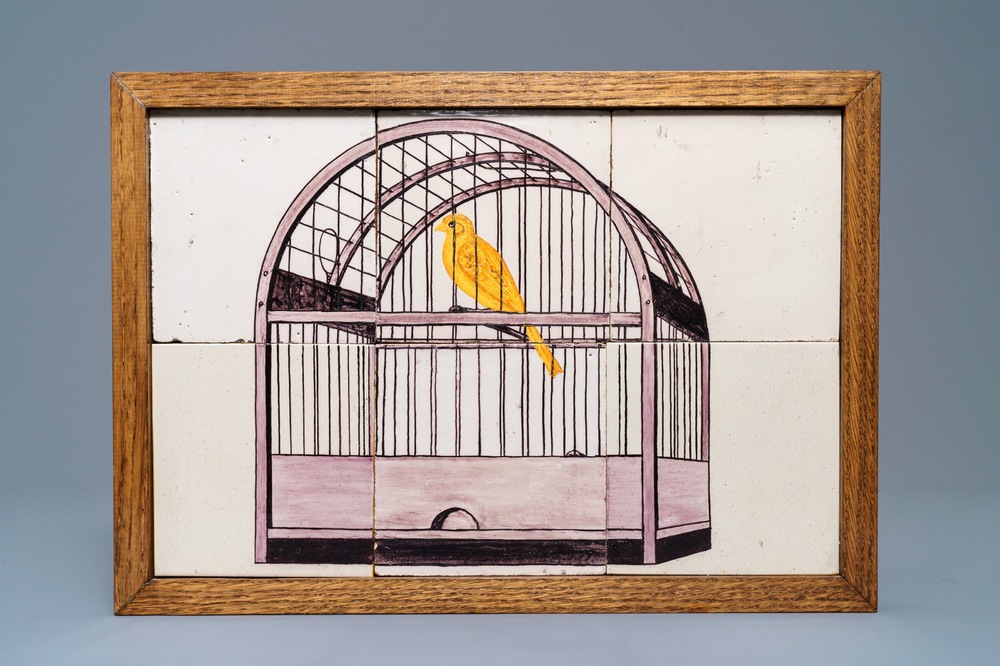 Un panneau de carreaux en fa&iuml;ence de Delft polychrome &agrave; d&eacute;cor d'un cage &agrave; oiseaux, 18&egrave;me