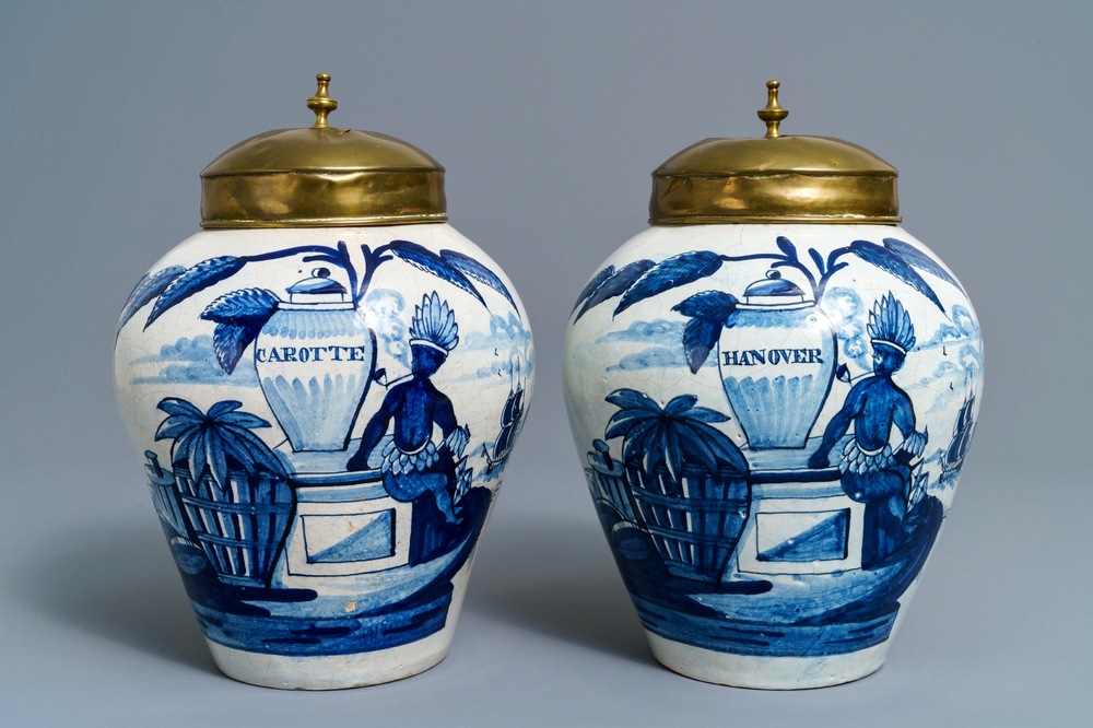 A pair of Dutch Delft blue and white tobacco jars with native American indians, 18th C.
