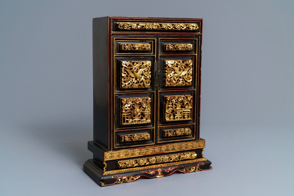 A Chinese Peranakan or Straits market gilded and lacquered altar cabinet, 19th C.