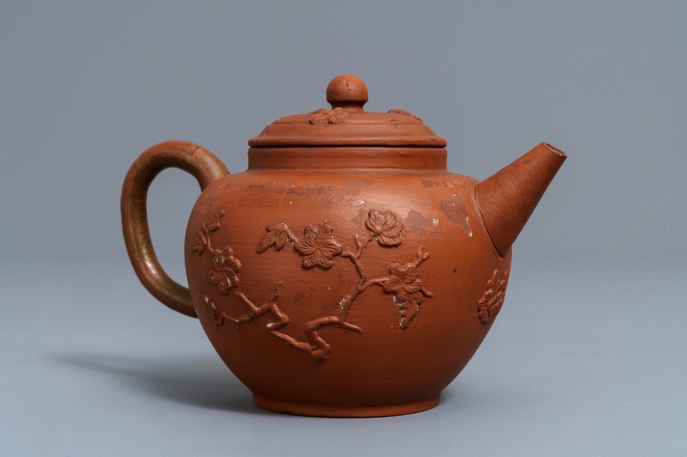 A Dutch Delft Yixing-style red earthenware teapot and cover, 1st quarter 18th C.
