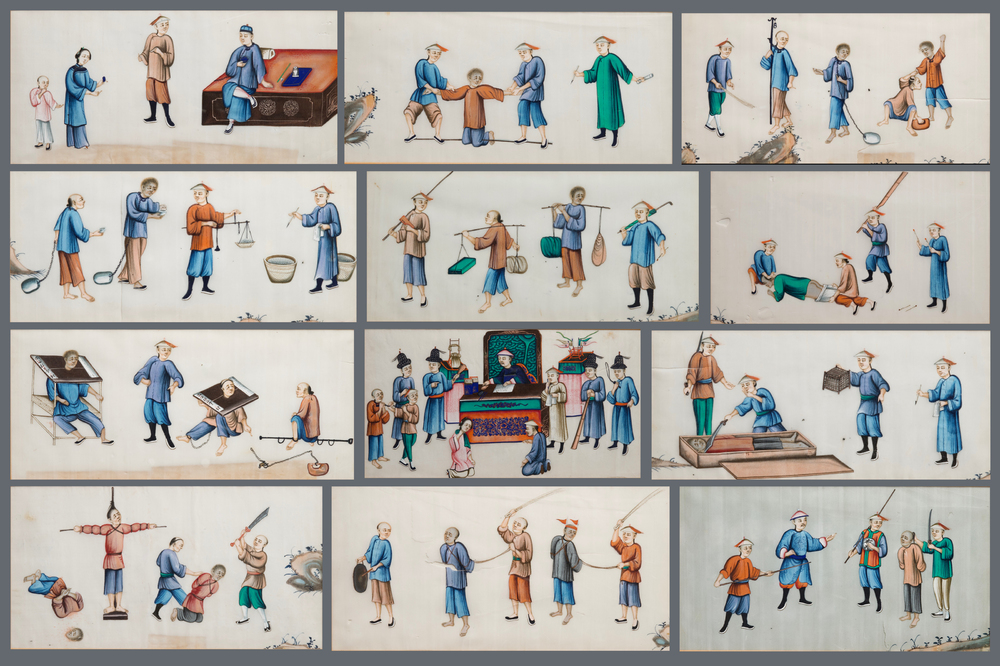 Douze peintures sur papier de riz &agrave; d&eacute;cor de sc&egrave;nes de punition, Canton, Chine, 19&egrave;me