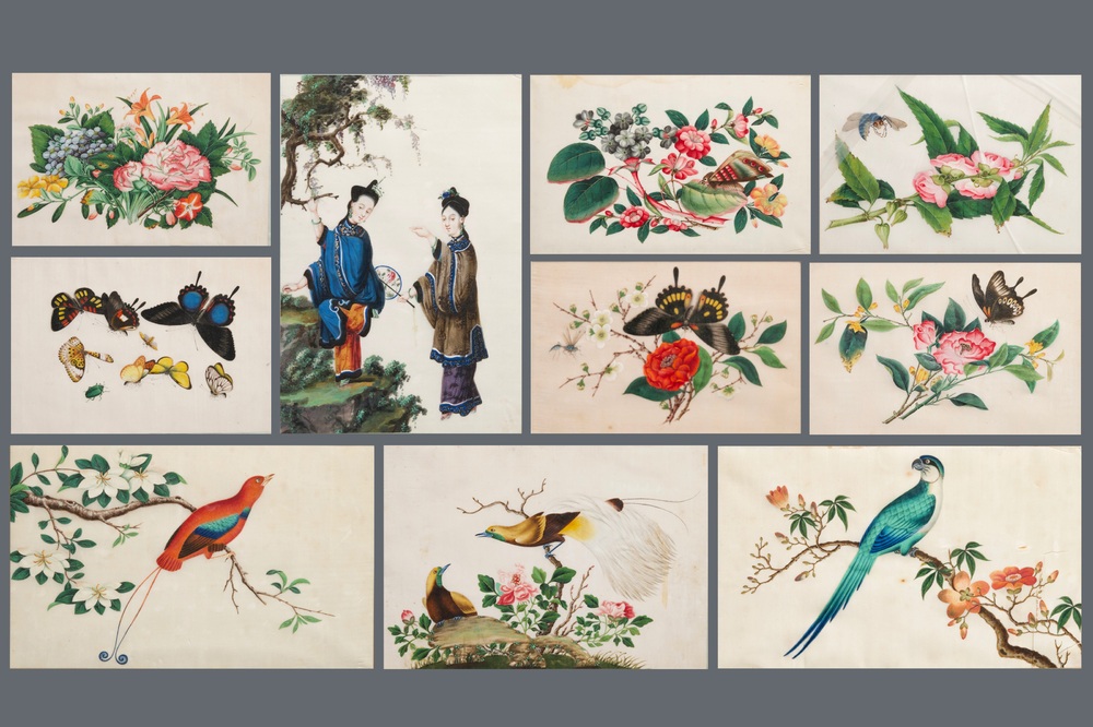 Dix peintures sur papier de riz &agrave; d&eacute;cor de papillons et oiseaux, Canton, Chine, 19&egrave;me