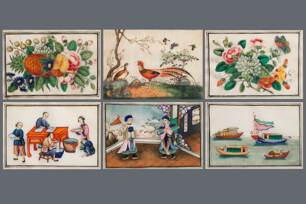 Zes diverse ingelijste Chinese schilderingen op rijstpapier, Canton, 19e eeuw