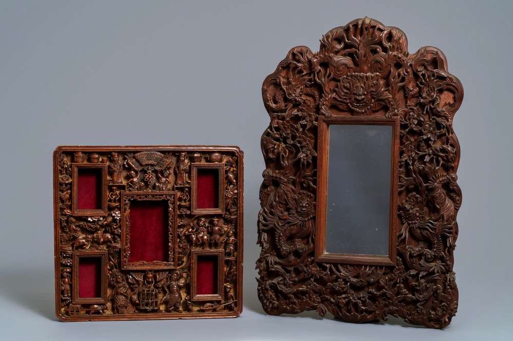 Two Chinese carved wood frames with dragons and figures, ca. 1900 Rob