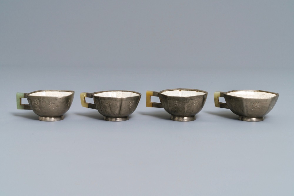 Four inscribed Chinese jade and pewter-mounted Yixing stoneware cups, 19/20th C.