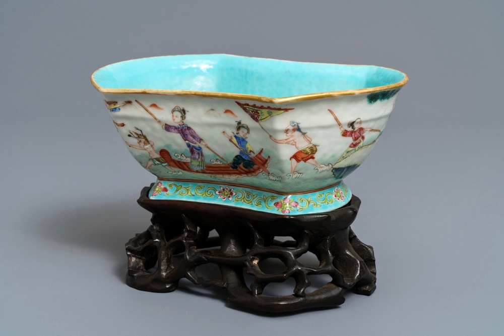 A Chinese famille rose ingot-shaped bowl on stand, Tongzhi mark and of the period